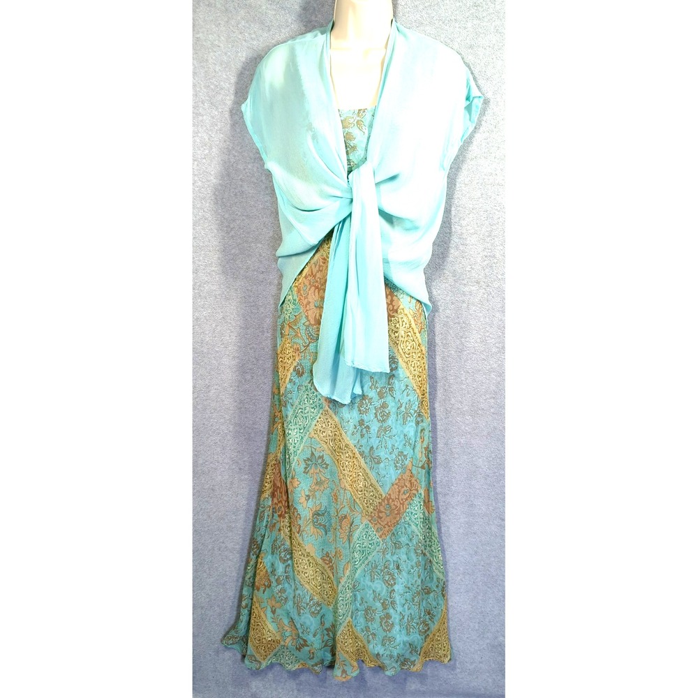 Vtg Phool 2Pc Maxi Dress & Topper 8 Turquoise Tan Floral Tile Print Breezy Chic